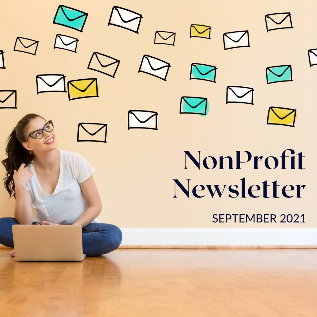 Nonprofit Newsletter for September 2021, young woman with laptop watching cartoon letters fly above her